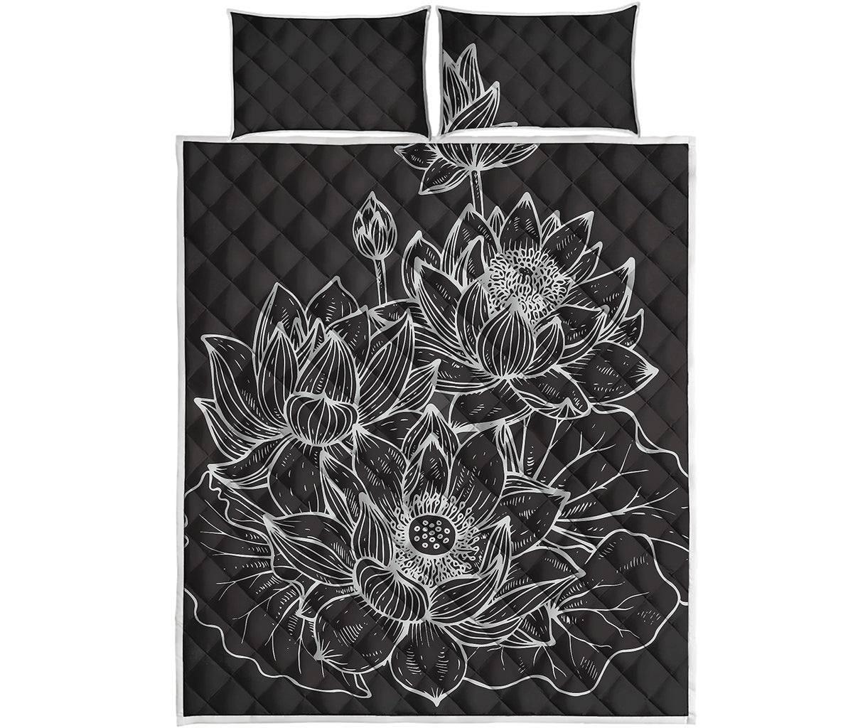 Monochrome Lotus Print Quilt Bed Set