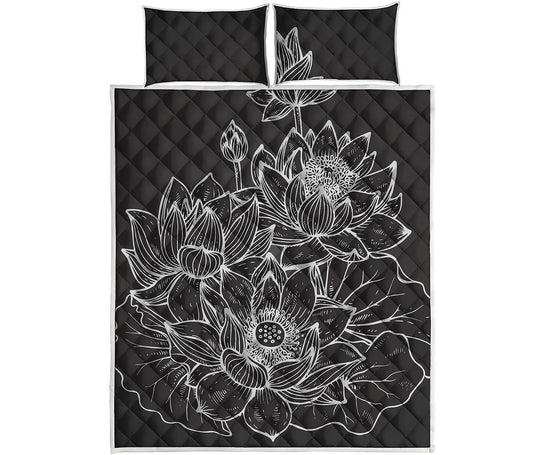 Monochrome Lotus Print Quilt Bed Set