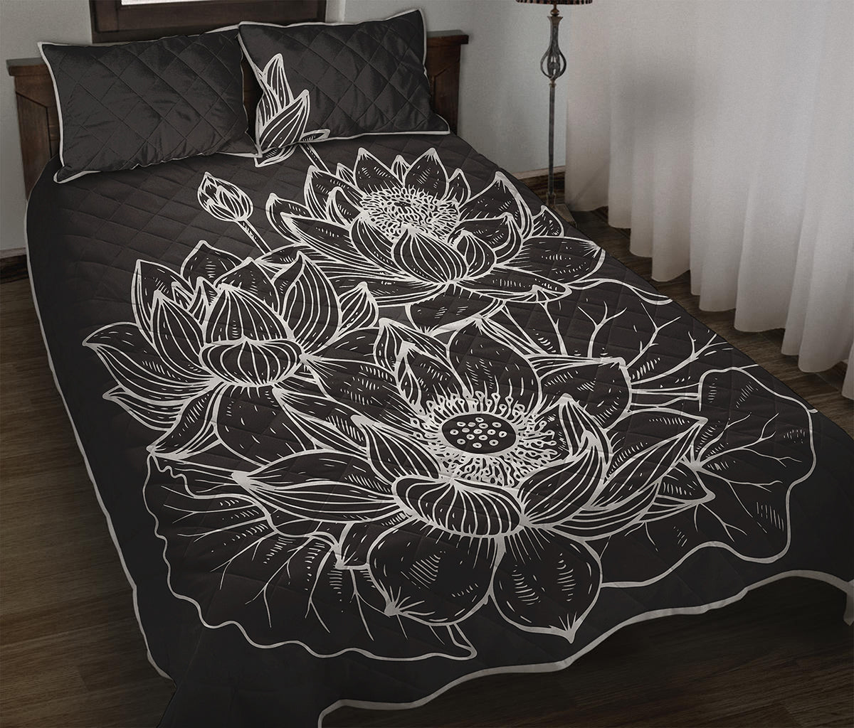 Monochrome Lotus Print Quilt Bed Set