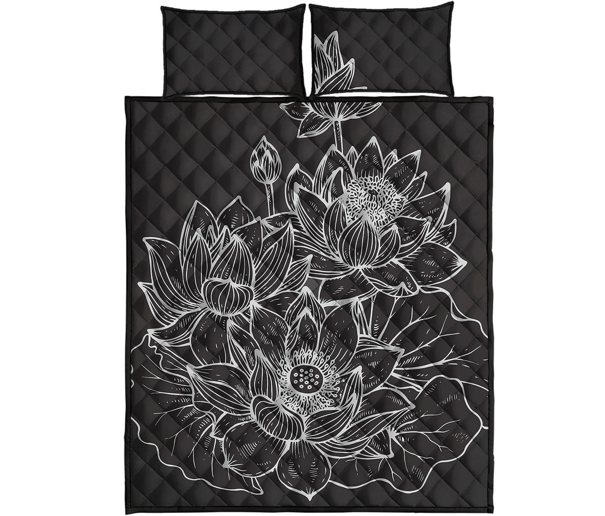 Monochrome Lotus Print Quilt Bed Set