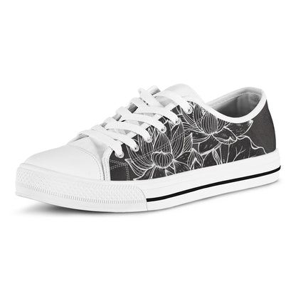 Monochrome Lotus Print White Low Top Shoes