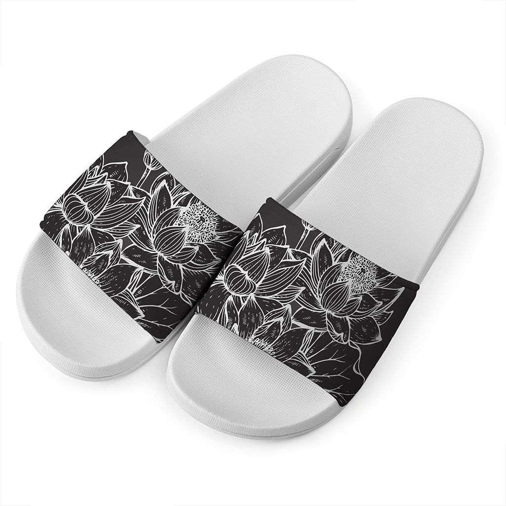 Monochrome Lotus Print White Slide Sandals