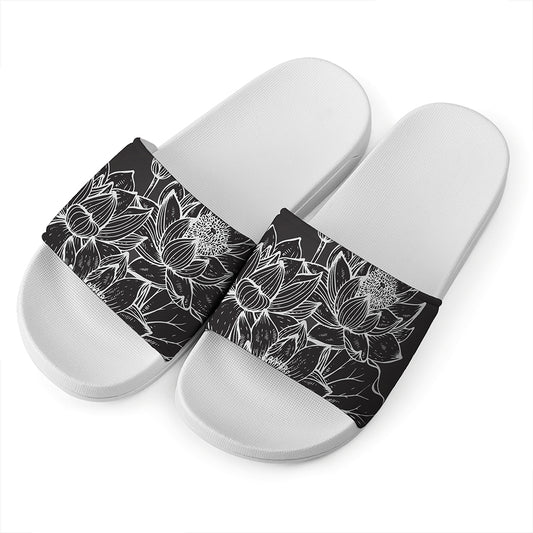 Monochrome Lotus Print White Slide Sandals