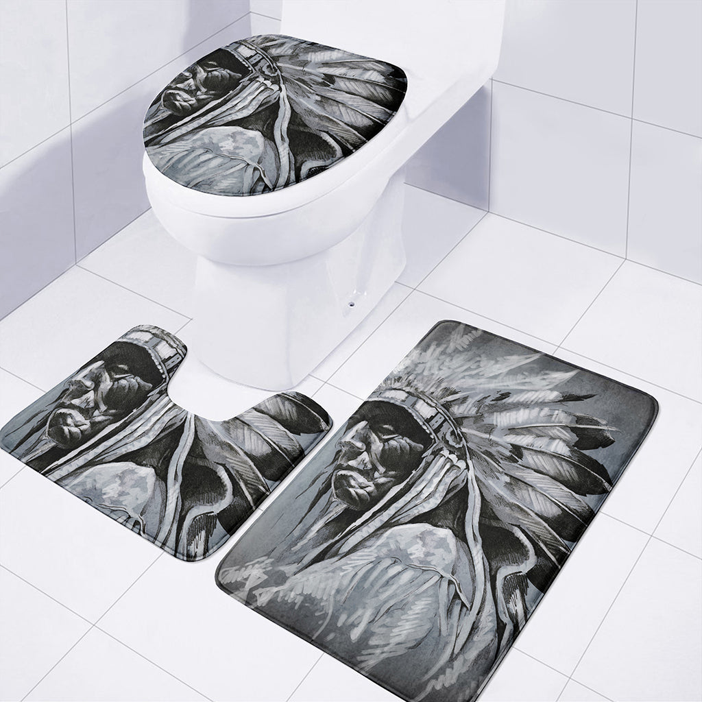 Monochrome Native Indian Portrait Print 3 Piece Bath Mat Set