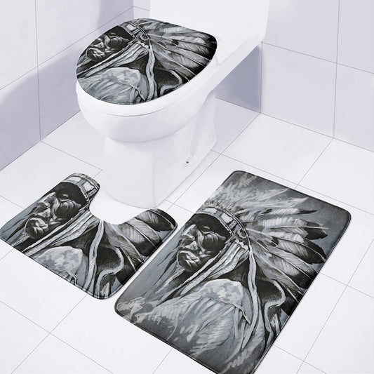 Monochrome Native Indian Portrait Print 3 Piece Bath Mat Set