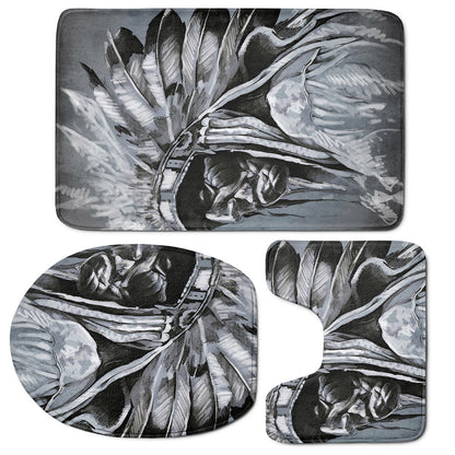 Monochrome Native Indian Portrait Print 3 Piece Bath Mat Set