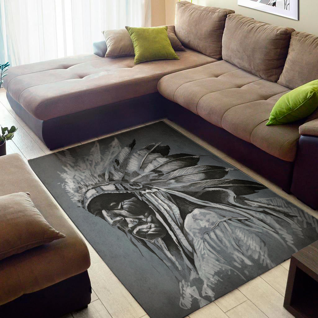 Monochrome Native Indian Portrait Print Area Rug