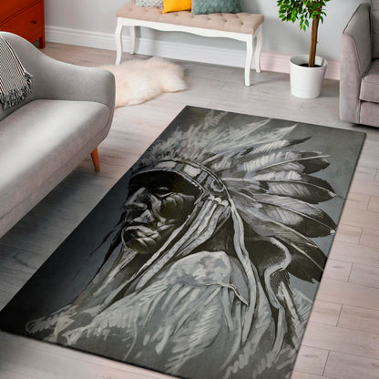 Monochrome Native Indian Portrait Print Area Rug