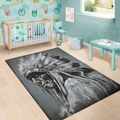 Monochrome Native Indian Portrait Print Area Rug