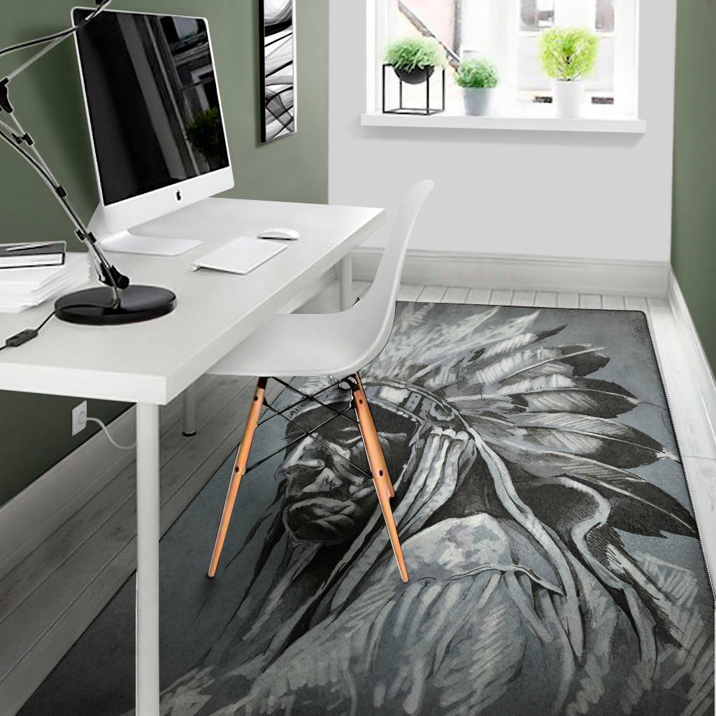 Monochrome Native Indian Portrait Print Area Rug