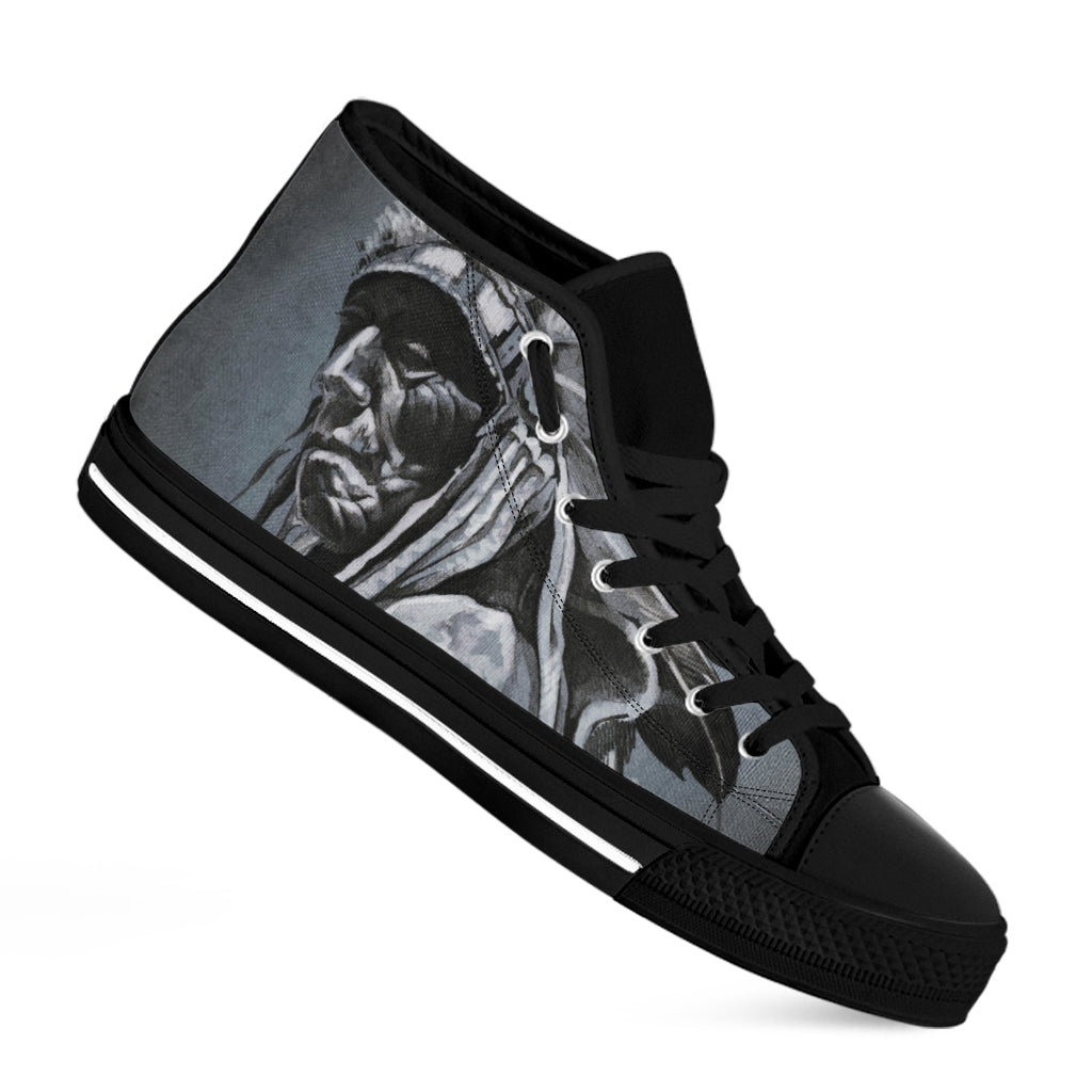 Monochrome Native Indian Portrait Print Black High Top Shoes