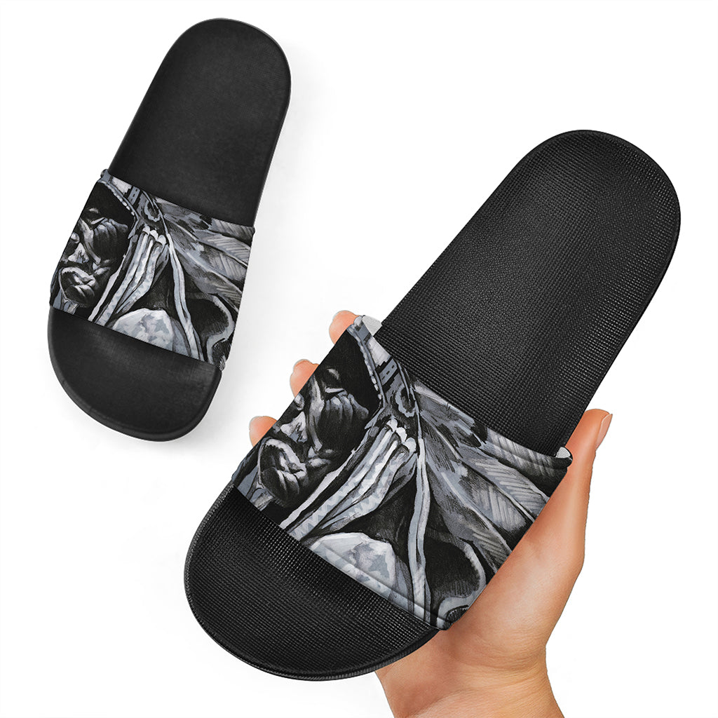 Monochrome Native Indian Portrait Print Black Slide Sandals
