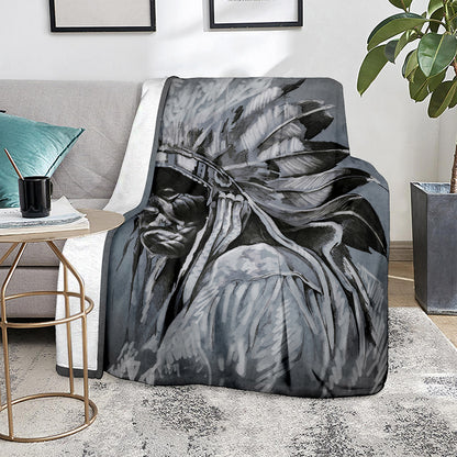 Monochrome Native Indian Portrait Print Blanket