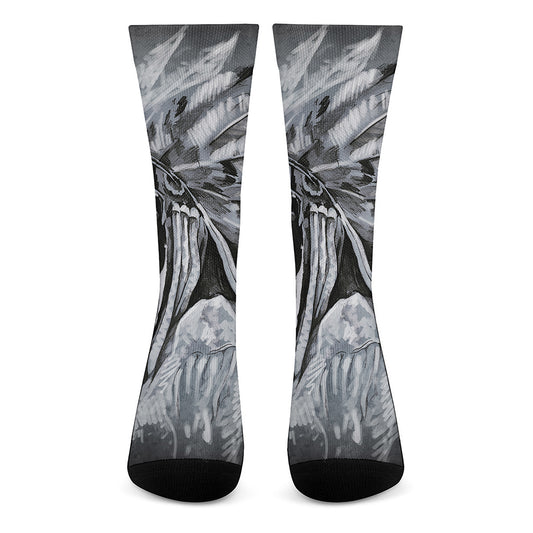 Monochrome Native Indian Portrait Print Crew Socks