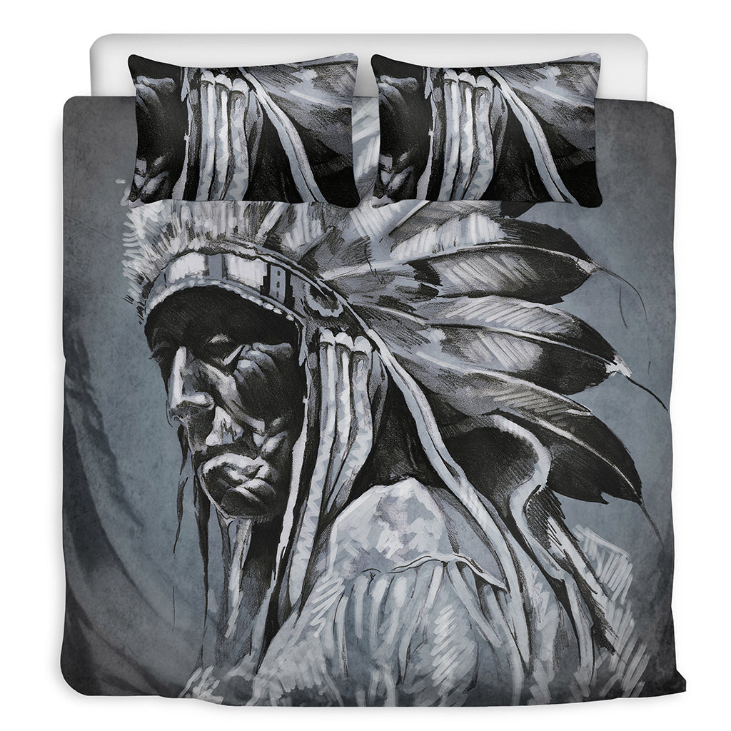 Monochrome Native Indian Portrait Print Duvet Cover Bedding Set