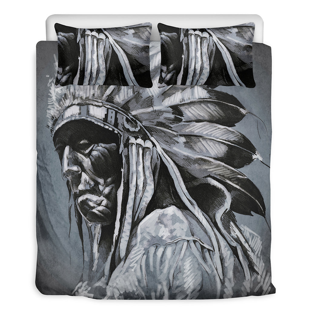 Monochrome Native Indian Portrait Print Duvet Cover Bedding Set
