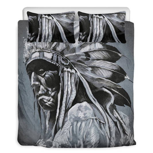 Monochrome Native Indian Portrait Print Duvet Cover Bedding Set