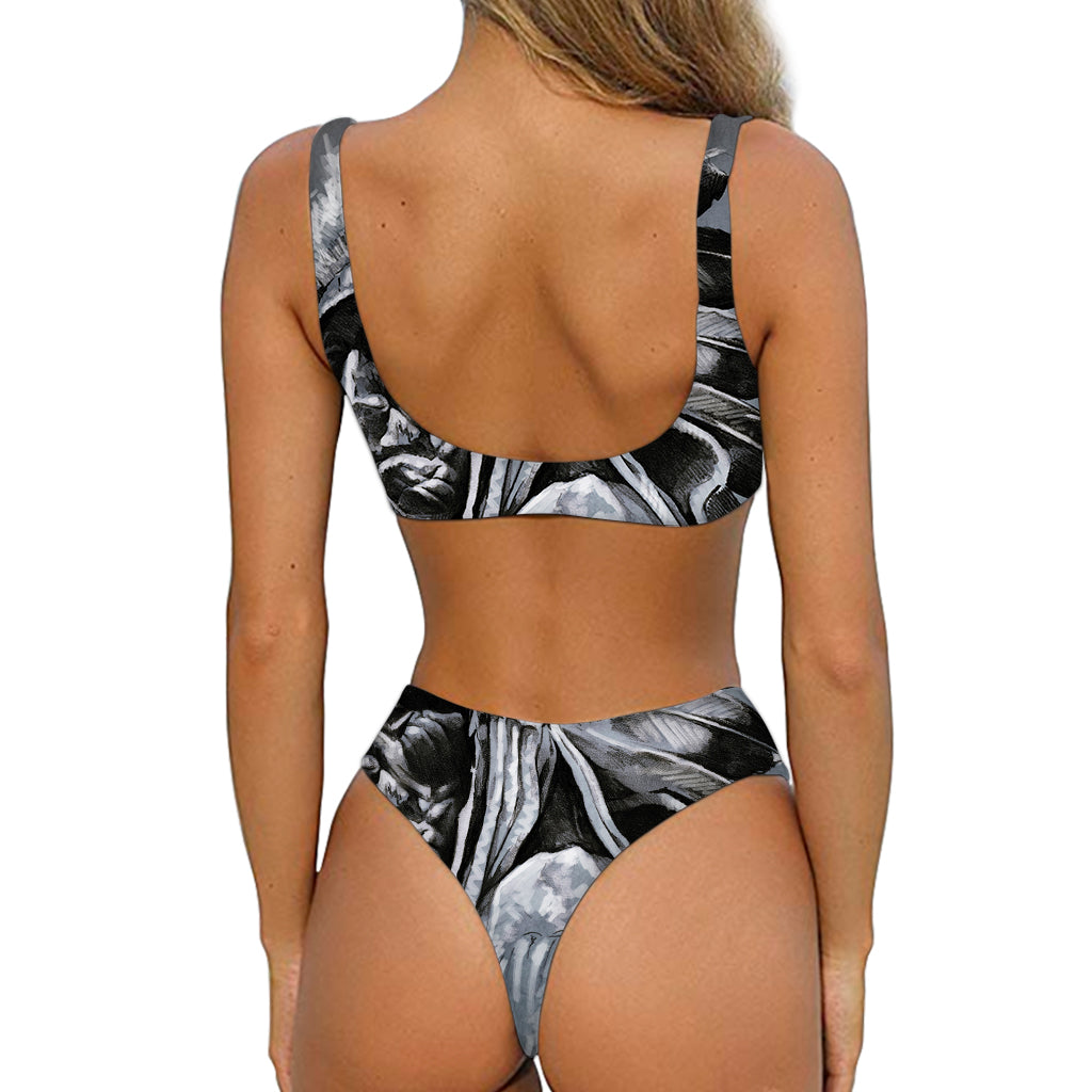 Monochrome Native Indian Portrait Print Front Bow Tie Bikini