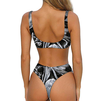 Monochrome Native Indian Portrait Print Front Bow Tie Bikini