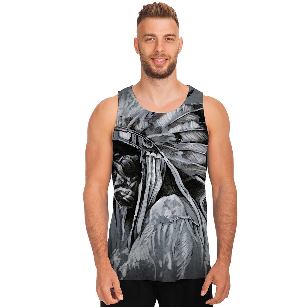 Monochrome Native Indian Portrait Print Men's Tank Top