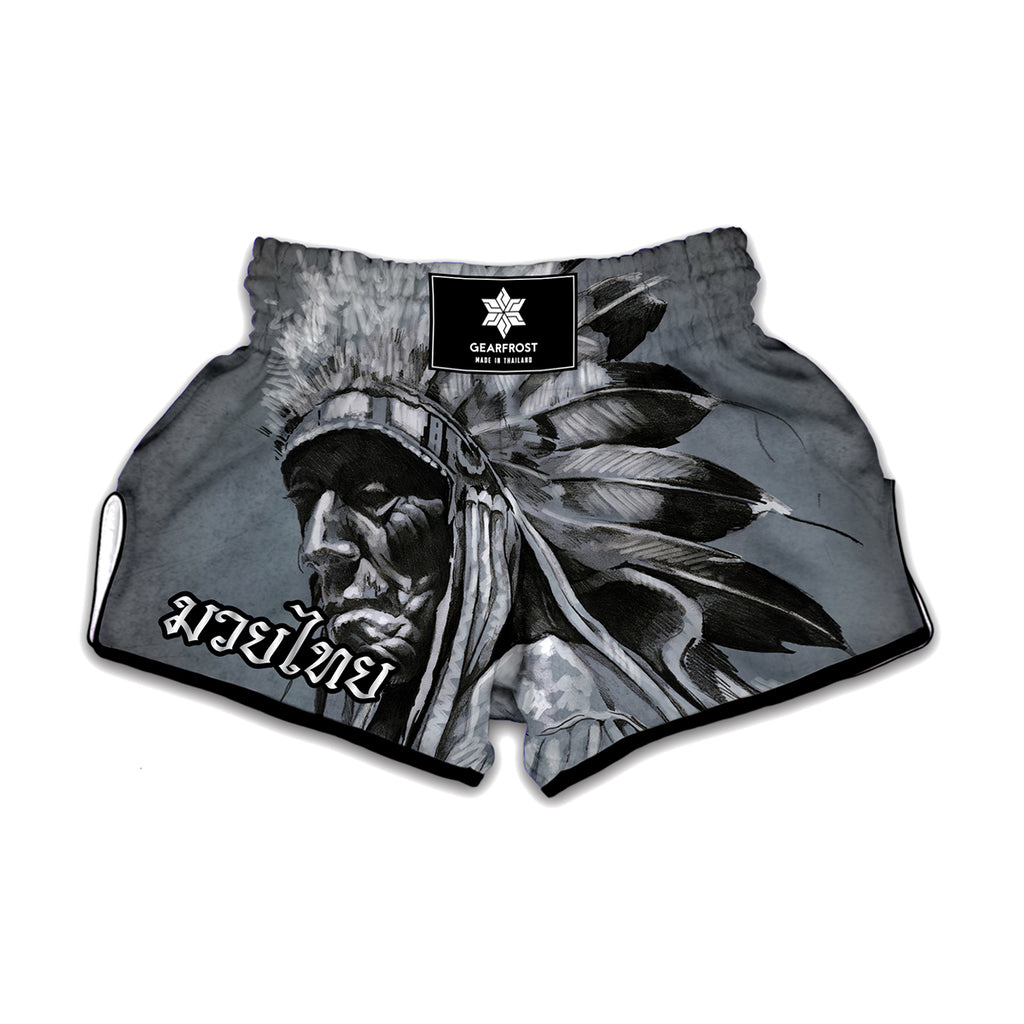 Monochrome Native Indian Portrait Print Muay Thai Boxing Shorts