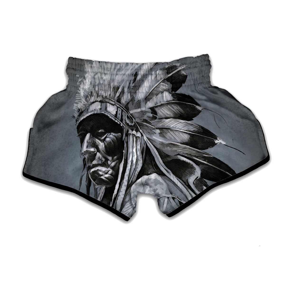 Monochrome Native Indian Portrait Print Muay Thai Boxing Shorts