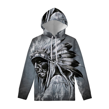 Monochrome Native Indian Portrait Print Pullover Hoodie