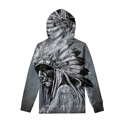 Monochrome Native Indian Portrait Print Pullover Hoodie