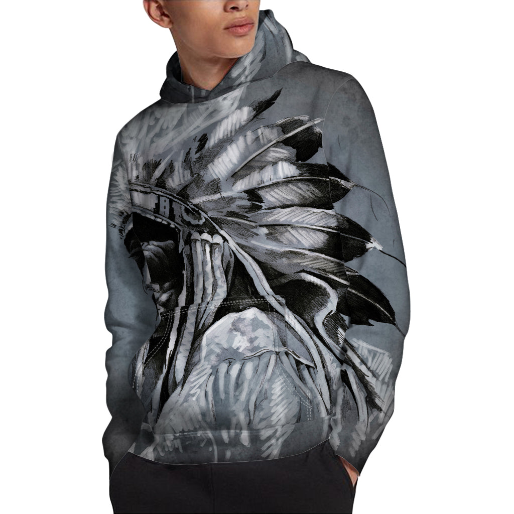 Monochrome Native Indian Portrait Print Pullover Hoodie