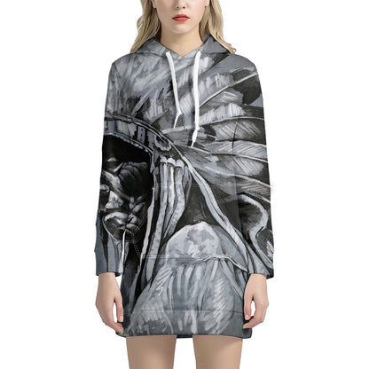 Monochrome Native Indian Portrait Print Pullover Hoodie Dress