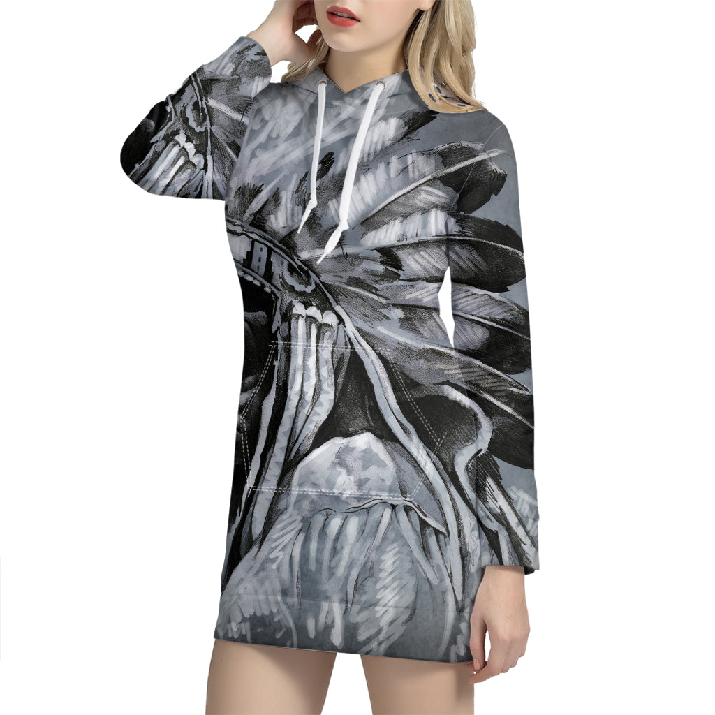 Monochrome Native Indian Portrait Print Pullover Hoodie Dress