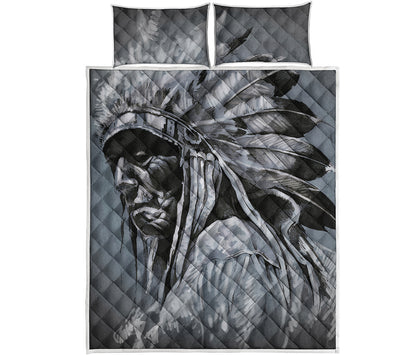 Monochrome Native Indian Portrait Print Quilt Bed Set