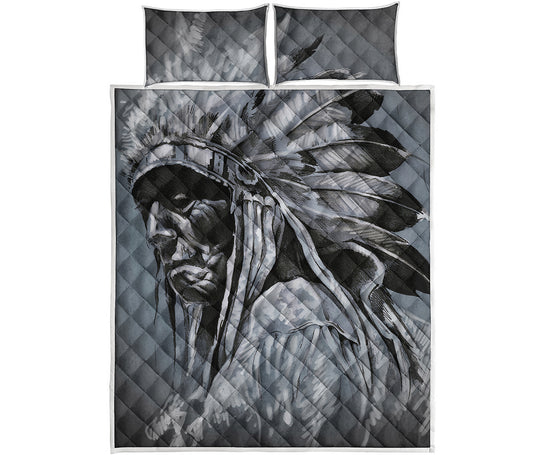 Monochrome Native Indian Portrait Print Quilt Bed Set