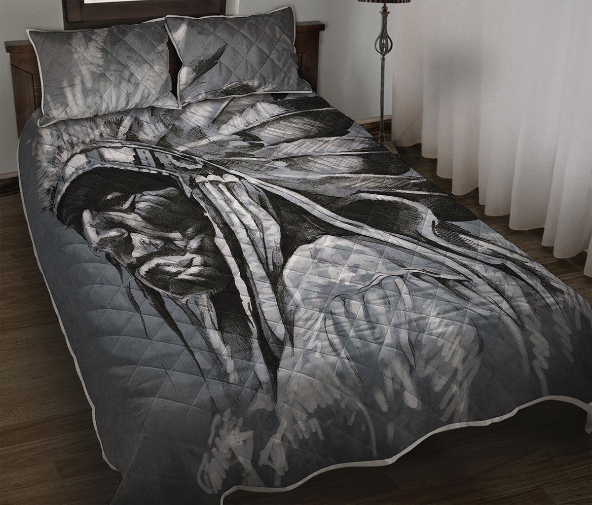 Monochrome Native Indian Portrait Print Quilt Bed Set