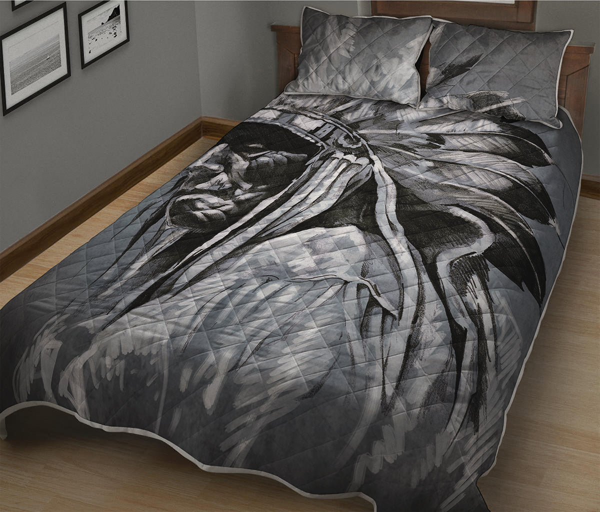 Monochrome Native Indian Portrait Print Quilt Bed Set