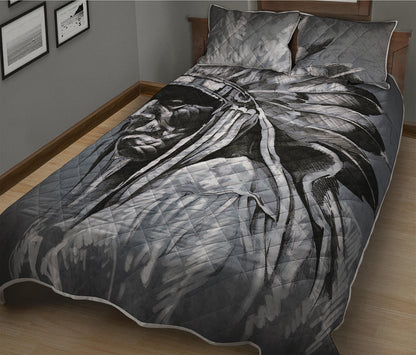 Monochrome Native Indian Portrait Print Quilt Bed Set