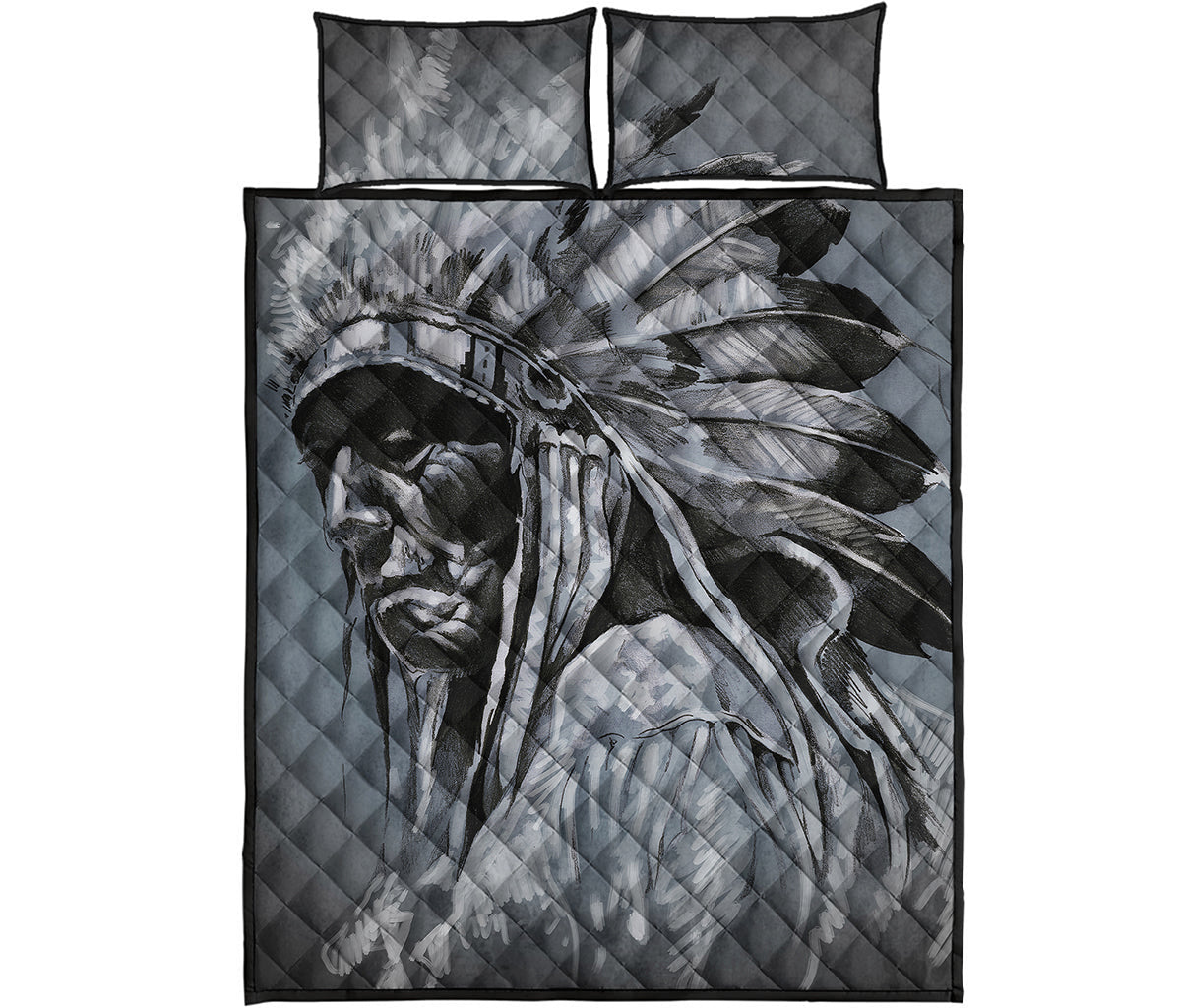 Monochrome Native Indian Portrait Print Quilt Bed Set