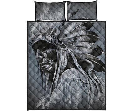 Monochrome Native Indian Portrait Print Quilt Bed Set