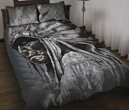 Monochrome Native Indian Portrait Print Quilt Bed Set