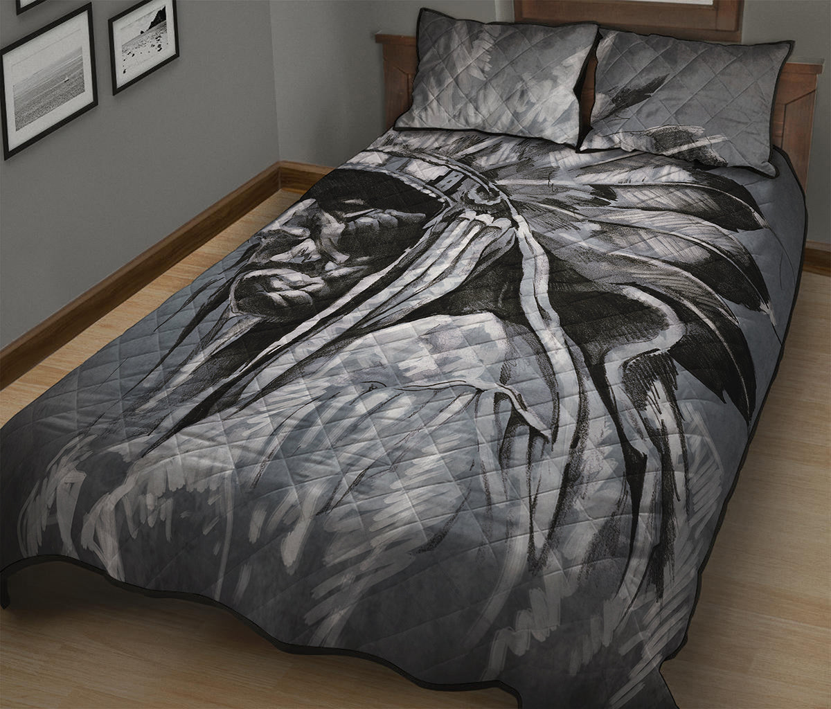 Monochrome Native Indian Portrait Print Quilt Bed Set
