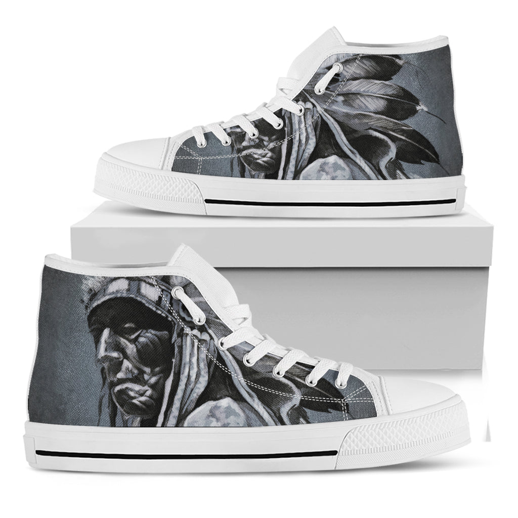 Monochrome Native Indian Portrait Print White High Top Shoes