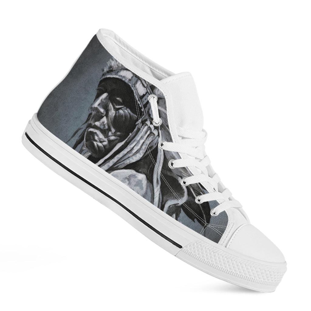 Monochrome Native Indian Portrait Print White High Top Shoes