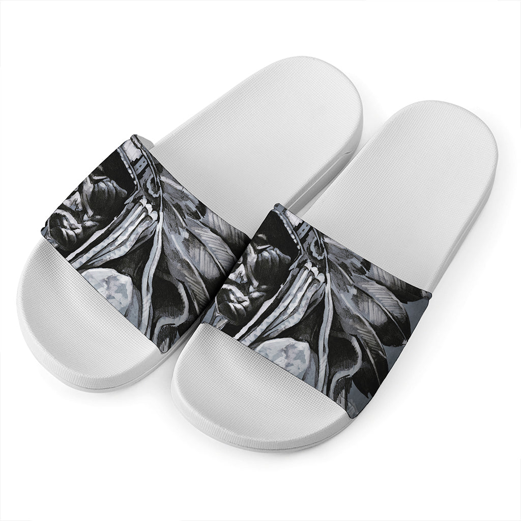 Monochrome Native Indian Portrait Print White Slide Sandals