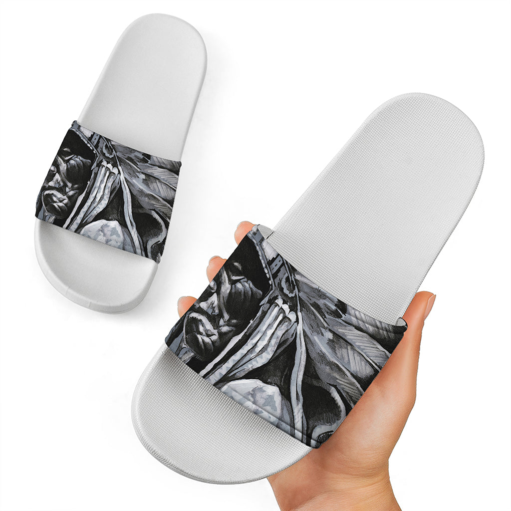 Monochrome Native Indian Portrait Print White Slide Sandals
