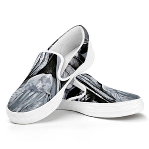 Monochrome Native Indian Portrait Print White Slip On Shoes