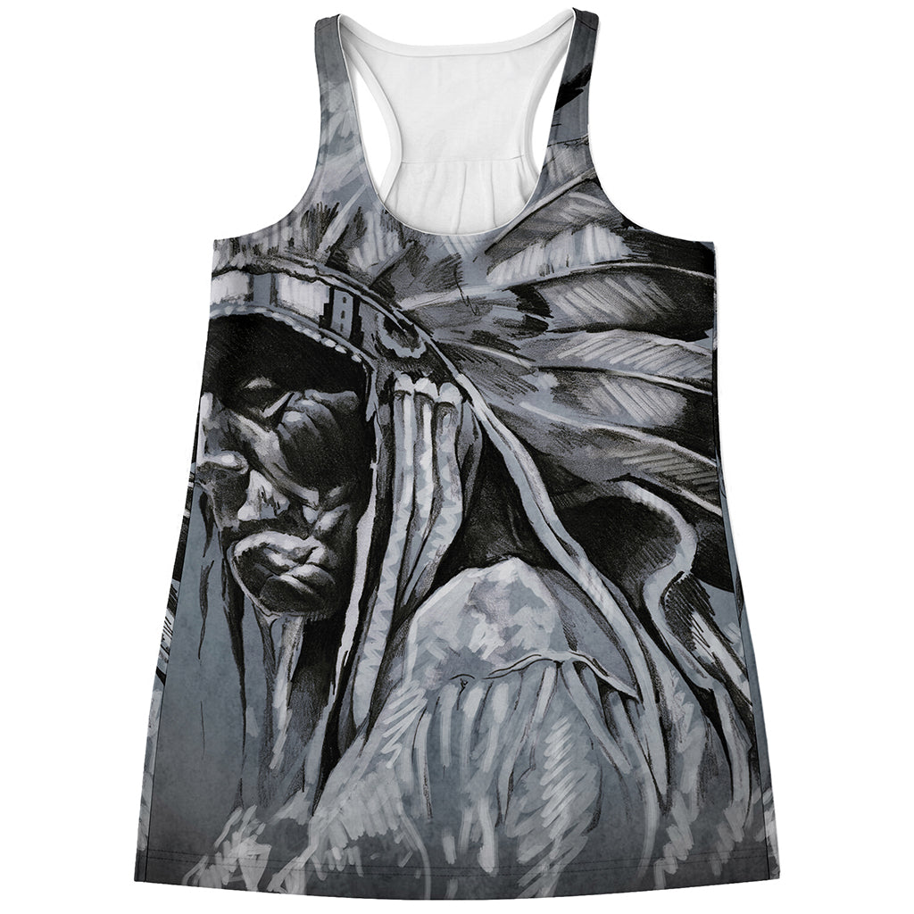 Monochrome Native Indian Portrait Print Women's Racerback Tank Top