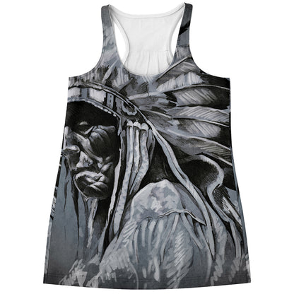 Monochrome Native Indian Portrait Print Women's Racerback Tank Top