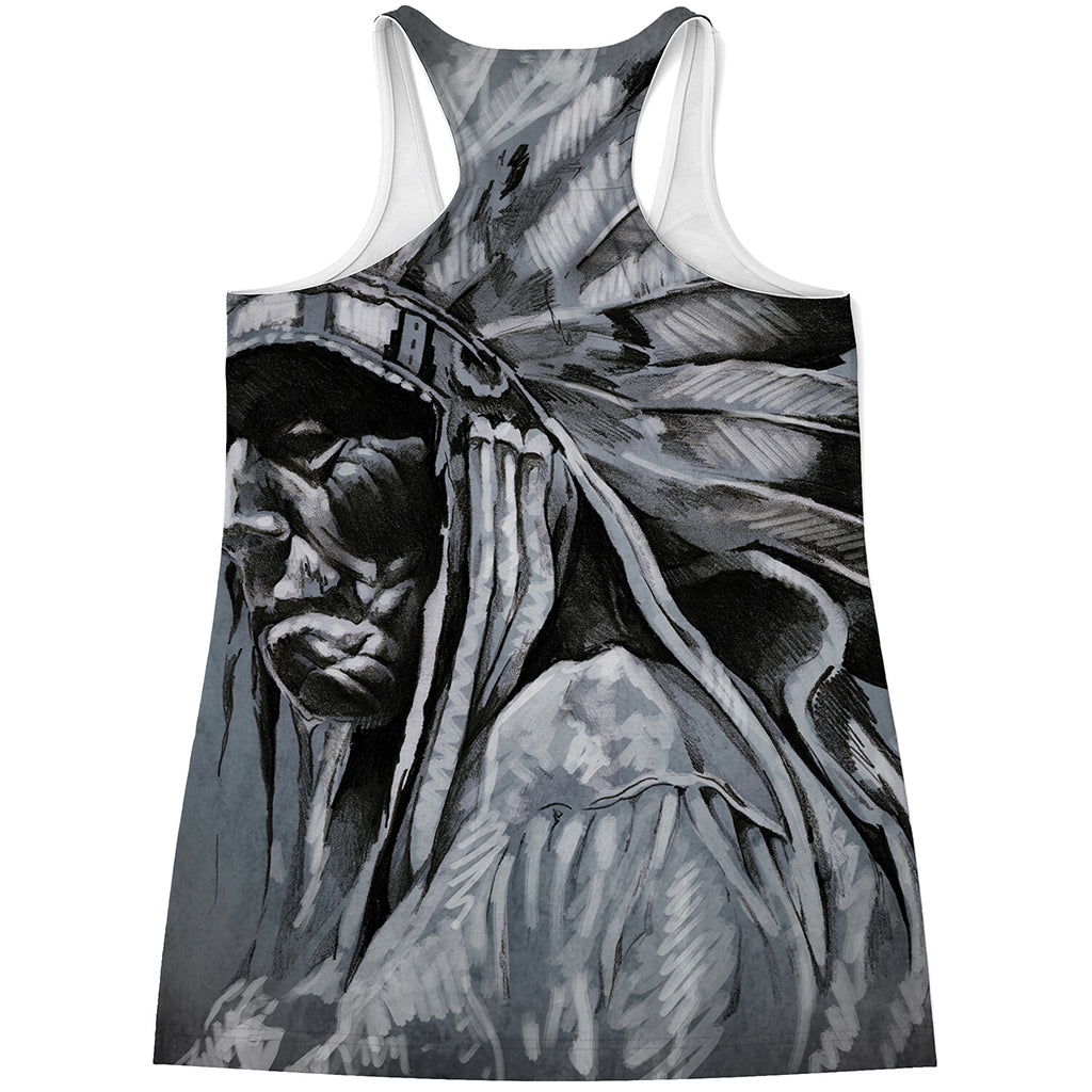 Monochrome Native Indian Portrait Print Women's Racerback Tank Top