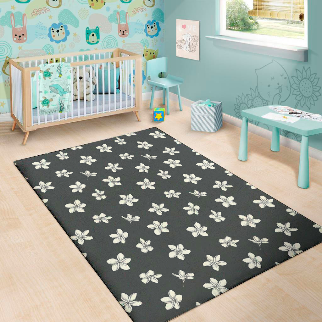 Monochrome Plumeria Pattern Print Area Rug