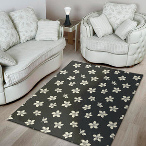 Monochrome Plumeria Pattern Print Area Rug